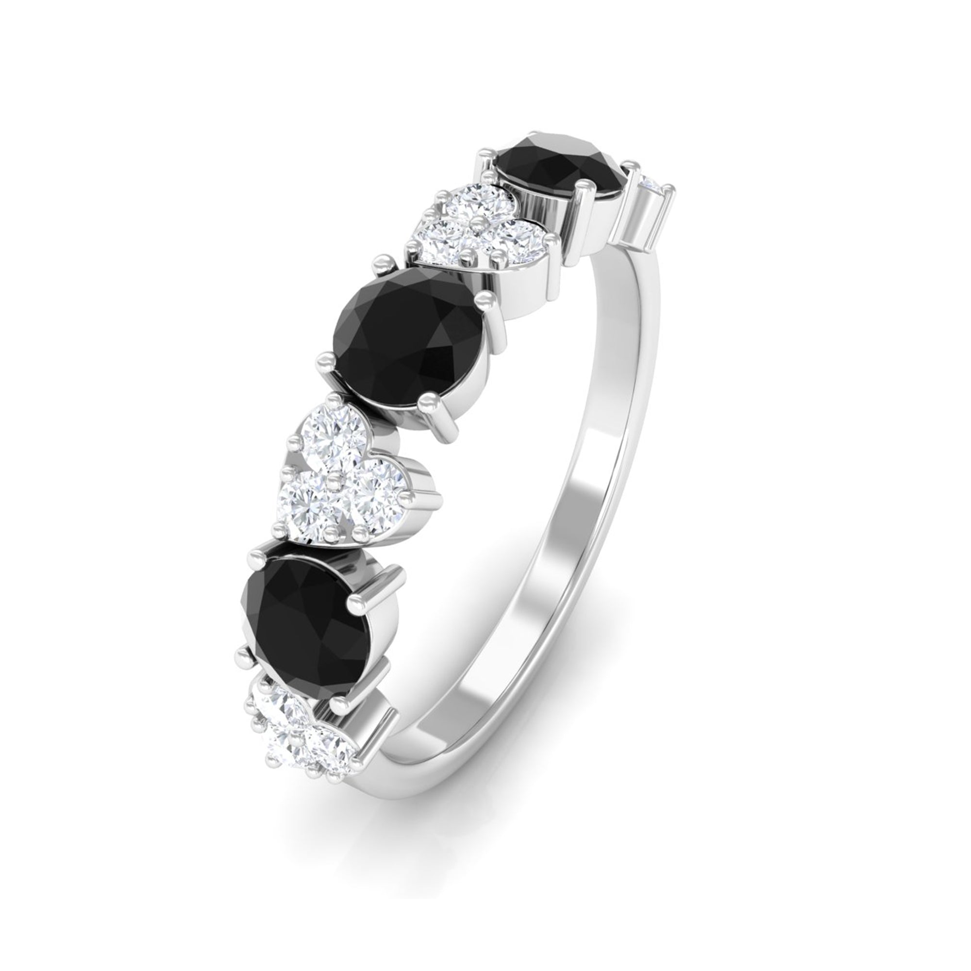 Black Onyx and Diamond Heart Shape Half Eternity Ring Black Onyx - ( AAA ) - Quality - Rosec Jewels