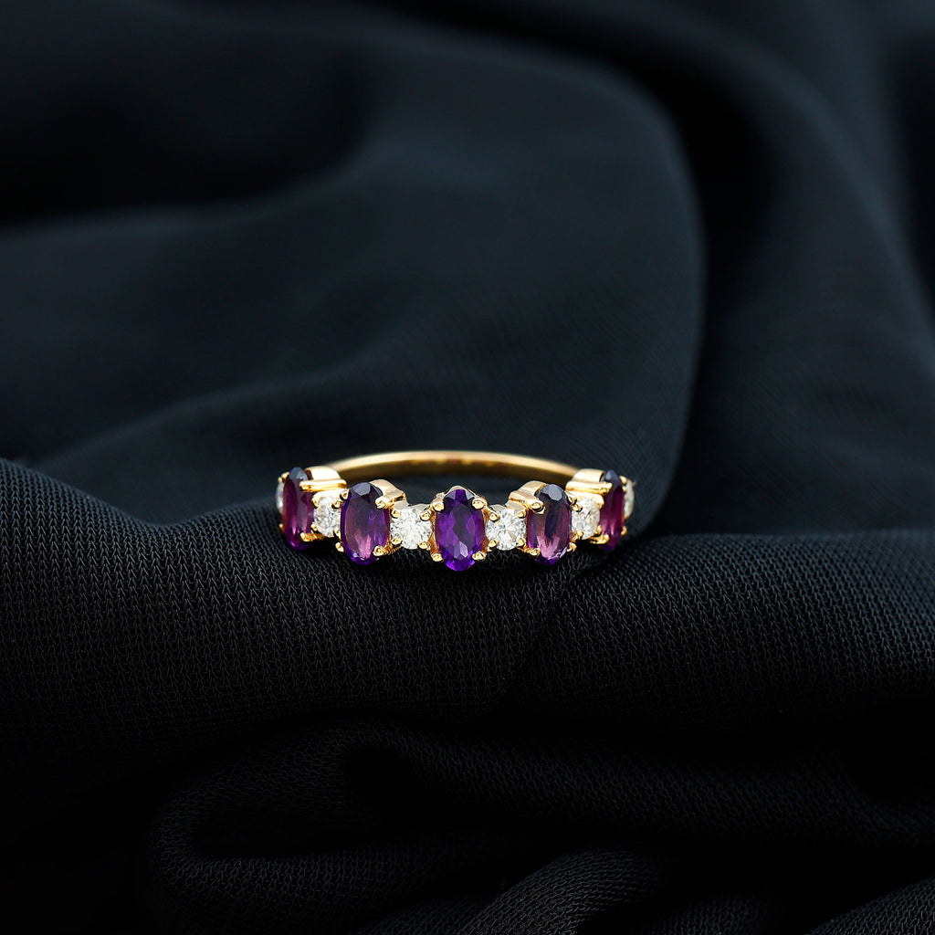 Oval Amethyst and Diamond Alternate Half Eternity Ring Amethyst - ( AAA ) - Quality - Rosec Jewels