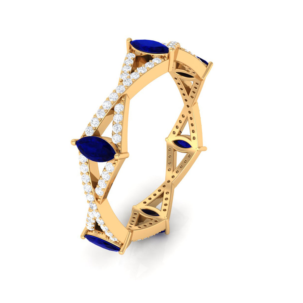 Real Blue Sapphire and Diamond Crossover Eternity Ring Blue Sapphire - ( AAA ) - Quality - Rosec Jewels