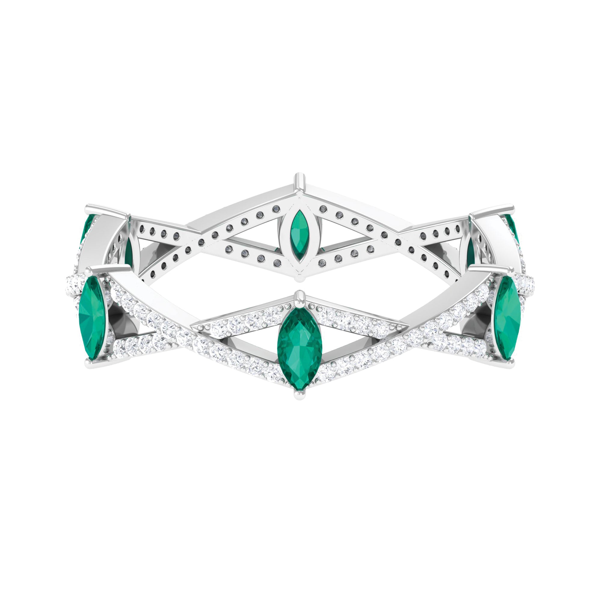 Emerald Crossover Eternity Ring with Diamond Emerald - ( AAA ) - Quality - Rosec Jewels