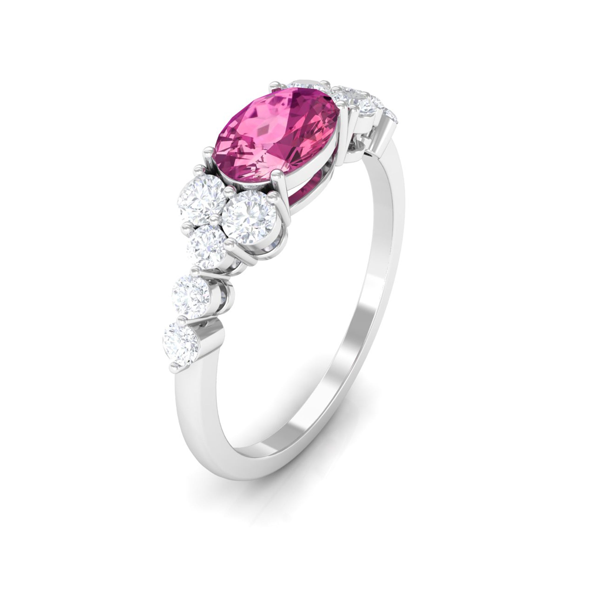 Pink Tourmaline Solitaire East West Ring with Diamond Side Stones Pink Tourmaline - ( AAA ) - Quality - Rosec Jewels
