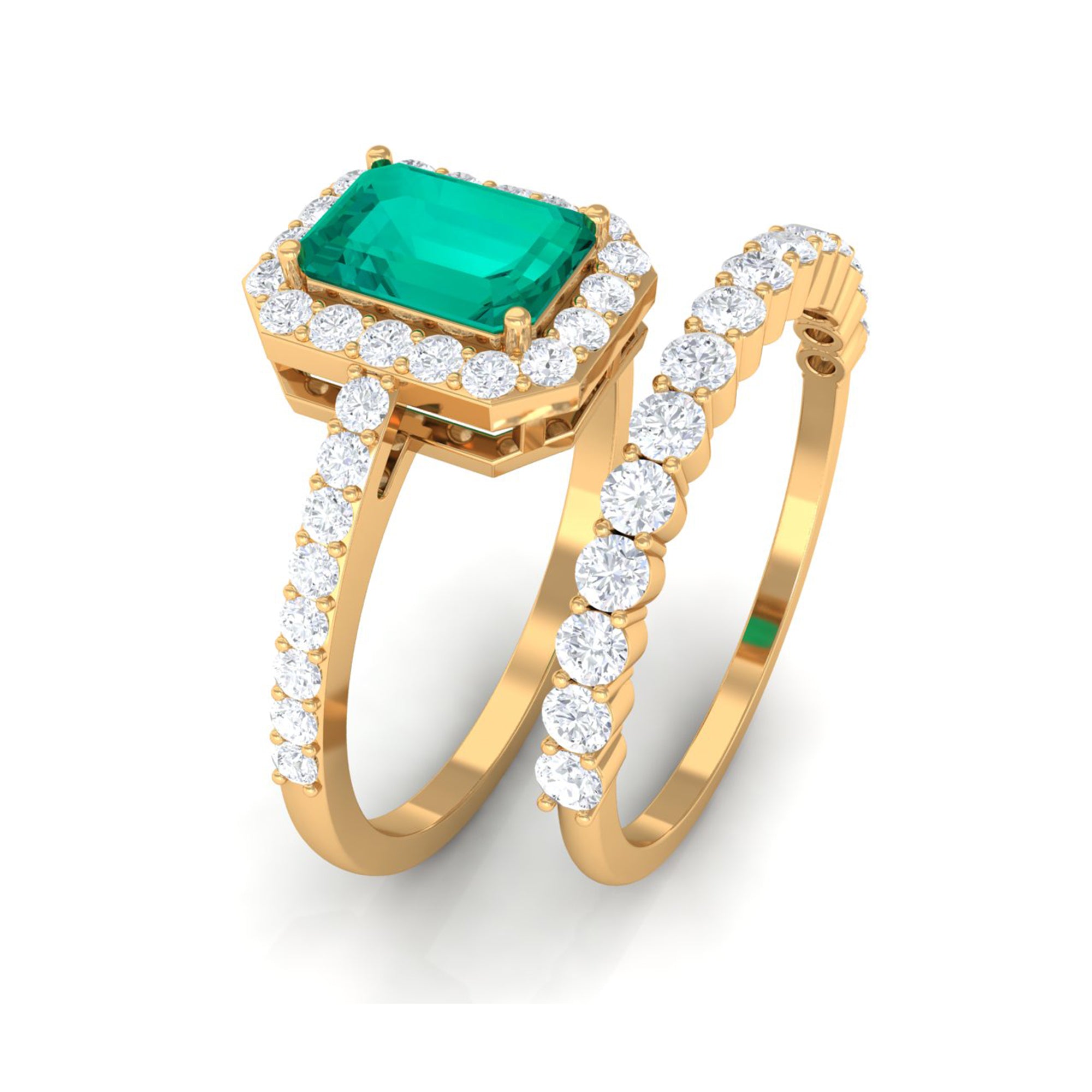 Real Emerald and Diamond Stackable Ring Set Emerald - ( AAA ) - Quality - Rosec Jewels