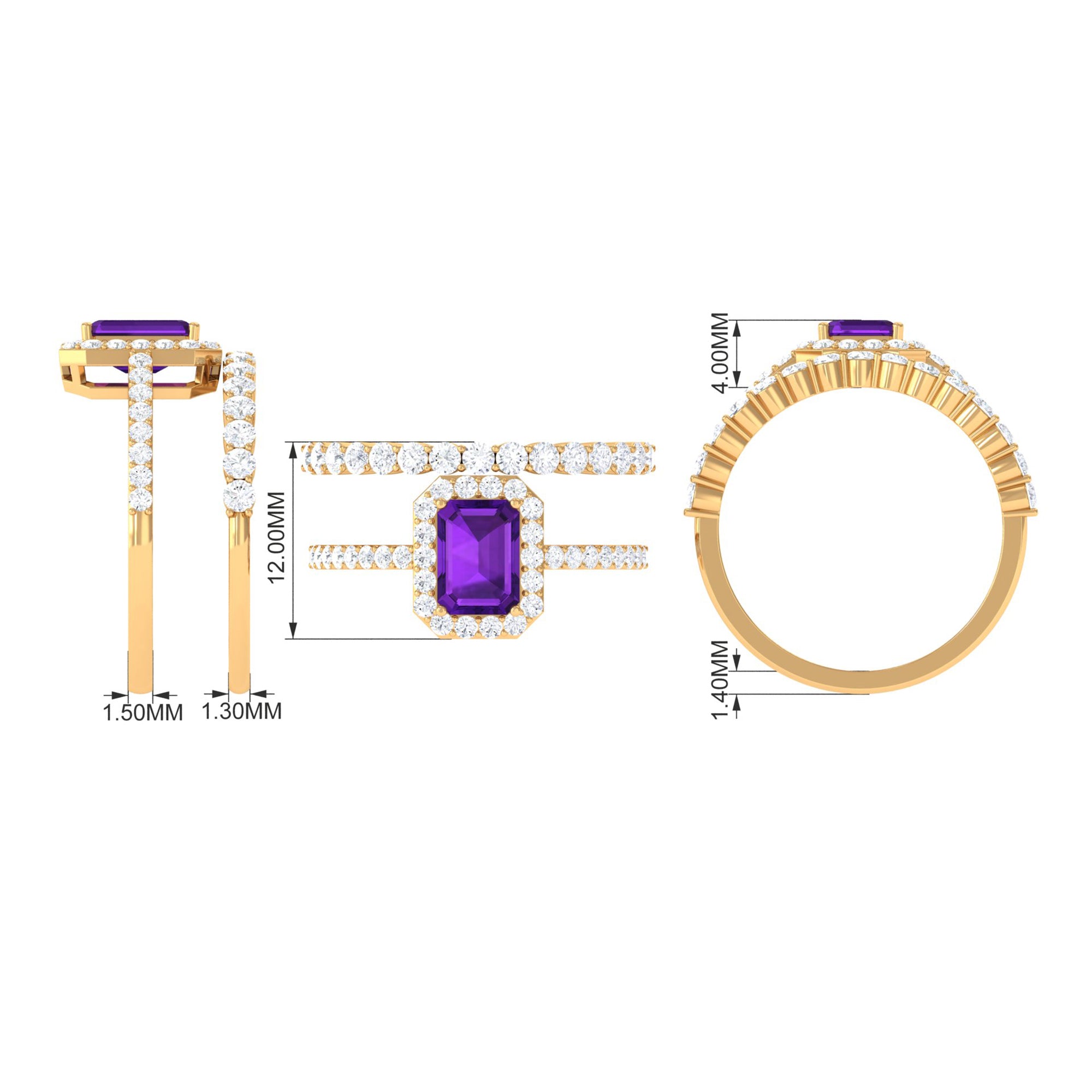 Emerald Cut Amethyst and Moissanite Stackable Ring Set Amethyst - ( AAA ) - Quality - Rosec Jewels