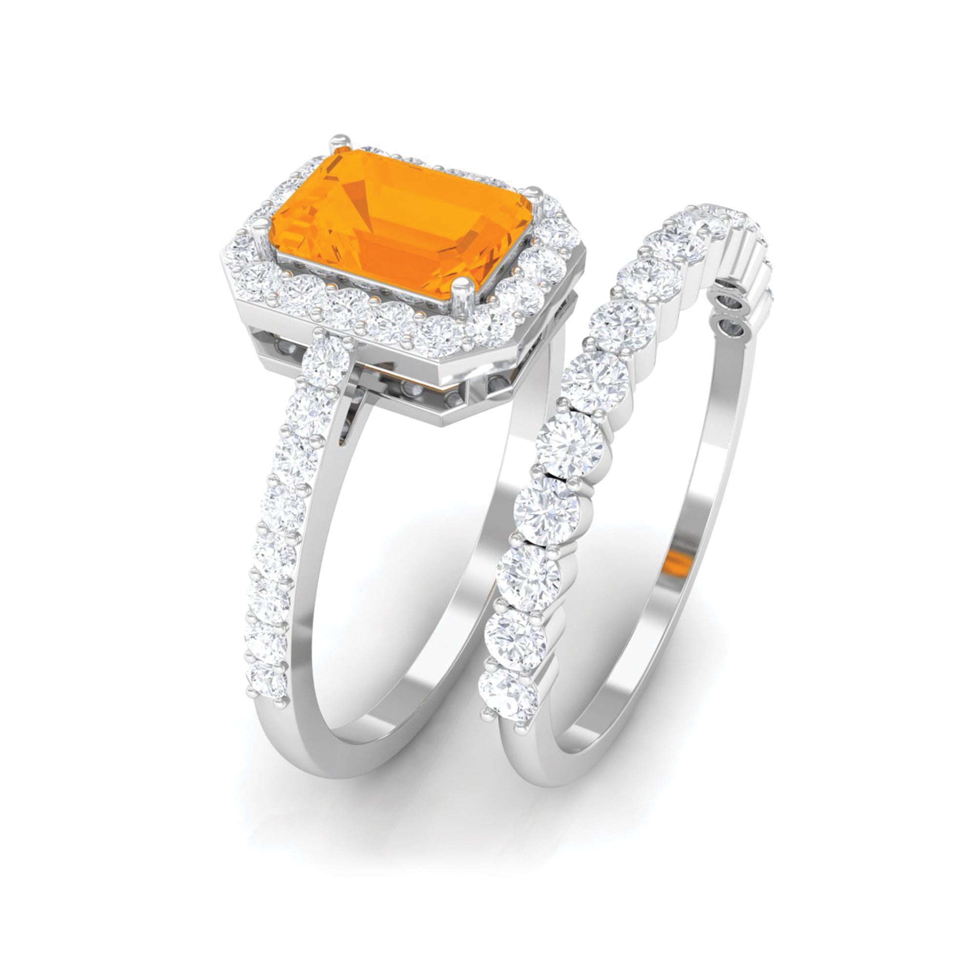 Real Fire Opal and Moissanite Stackable Ring Set Fire Opal - ( AAA ) - Quality - Rosec Jewels