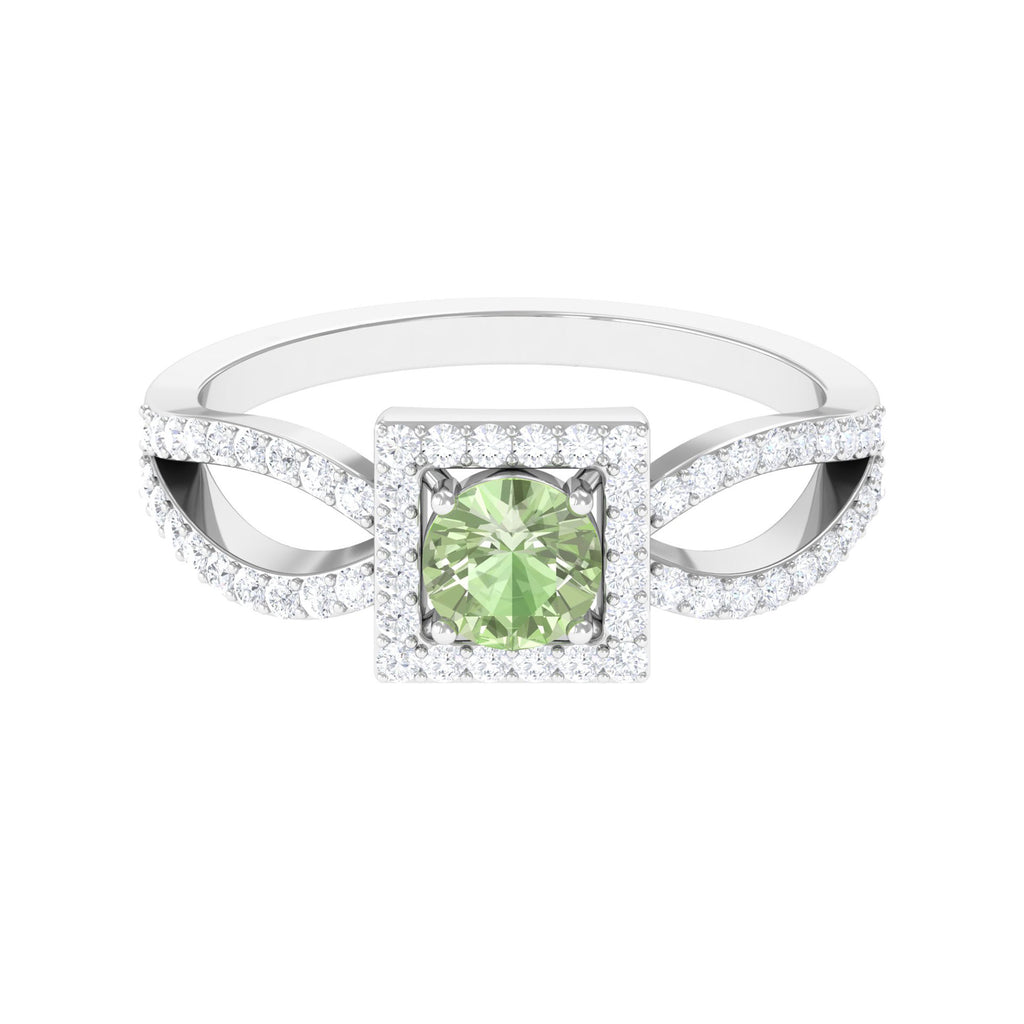 Round Green Sapphire and Diamond Halo Ring in Split Shank Green Sapphire - ( AAA ) - Quality - Rosec Jewels