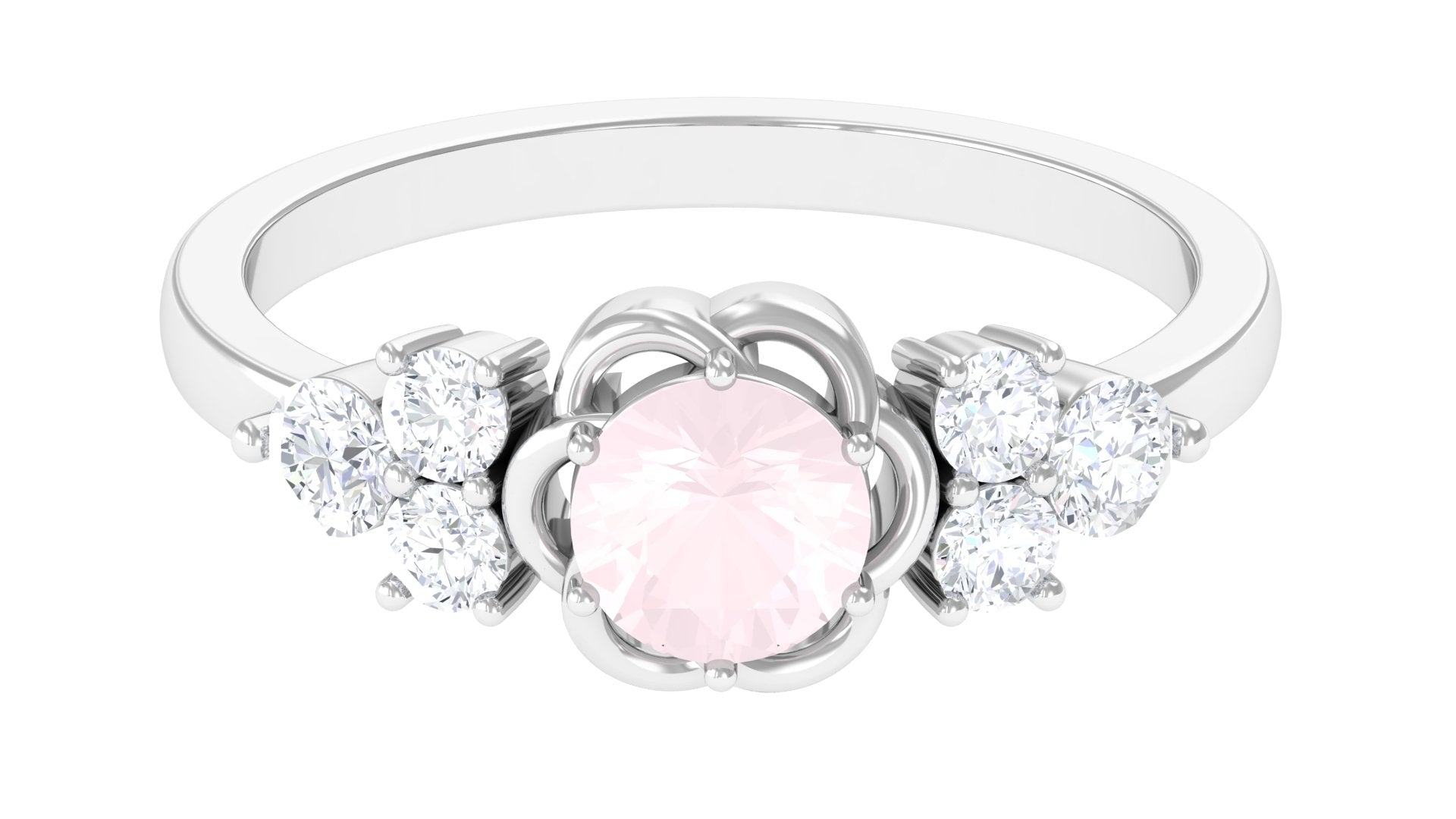 1 CT Round Shape Rose Quartz Floral Engagement Ring with Diamond Trio Rose Quartz - ( AAA ) - Quality - Rosec Jewels