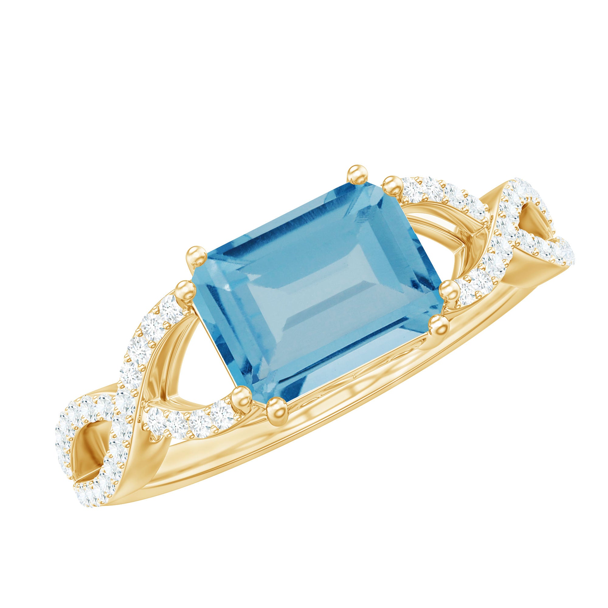 Emerald Cut Swiss Blue Topaz East-West Crossover Ring with Diamond Swiss Blue Topaz - ( AAA ) - Quality - Rosec Jewels