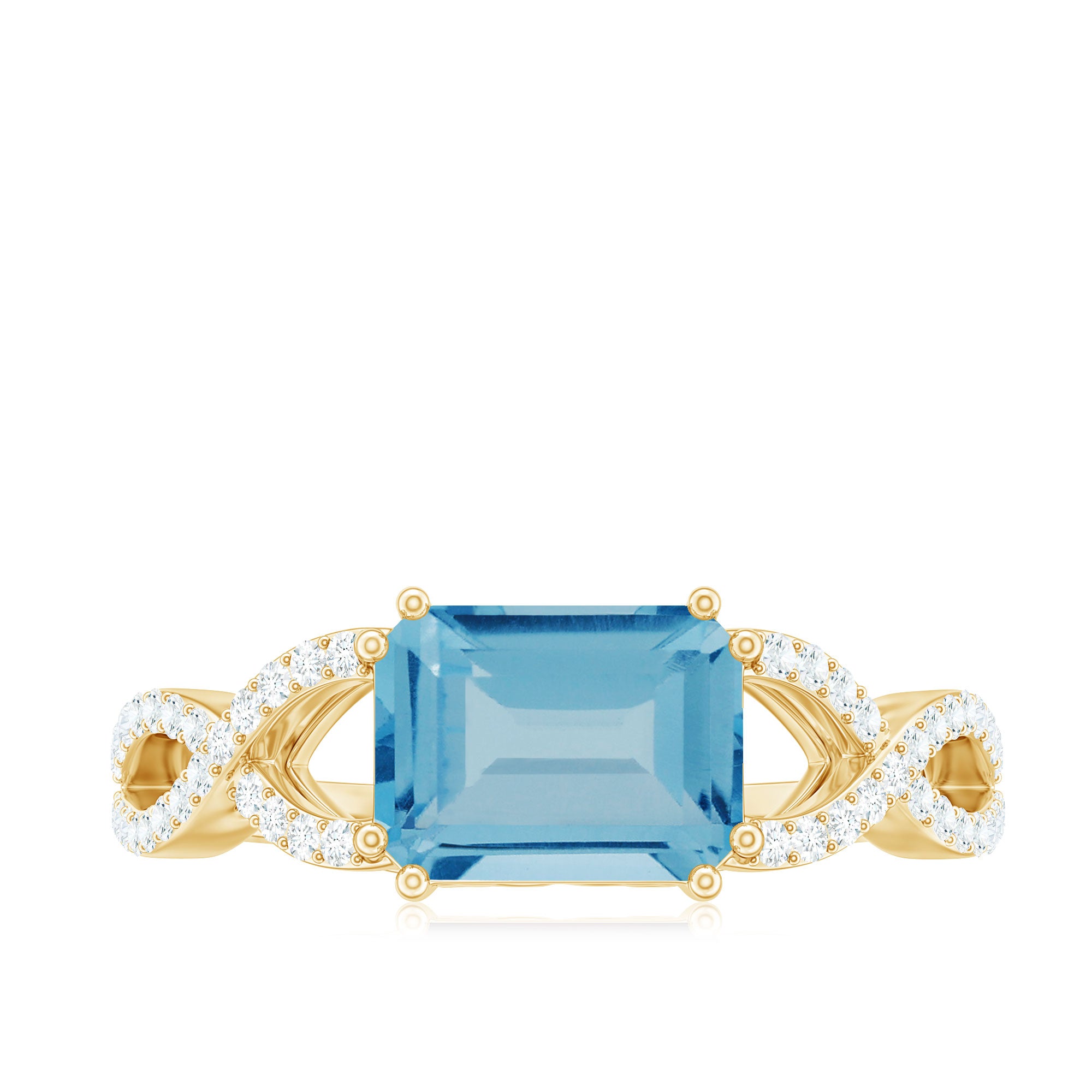 Emerald Cut Swiss Blue Topaz East-West Crossover Ring with Diamond Swiss Blue Topaz - ( AAA ) - Quality - Rosec Jewels