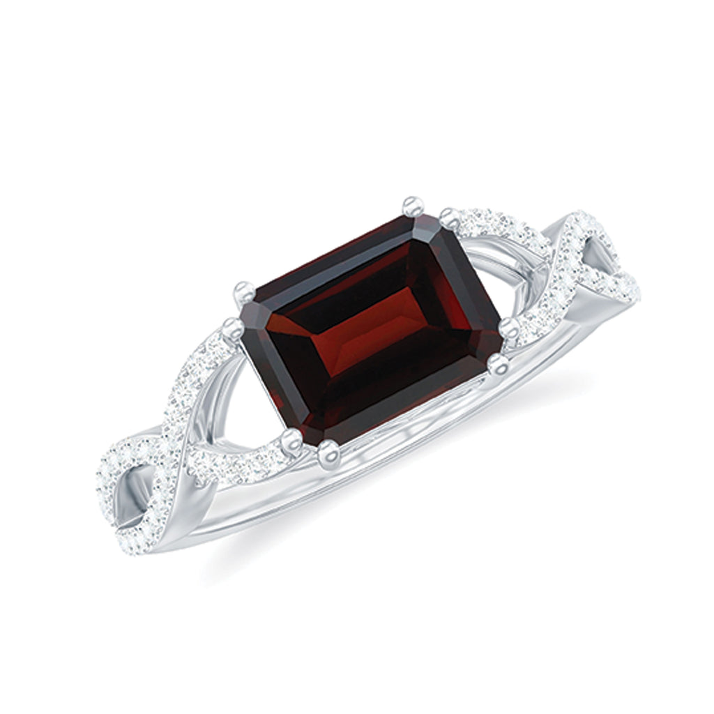 Octagon Garnet East-West Crossover Ring with Diamond Garnet - ( AAA ) - Quality - Rosec Jewels