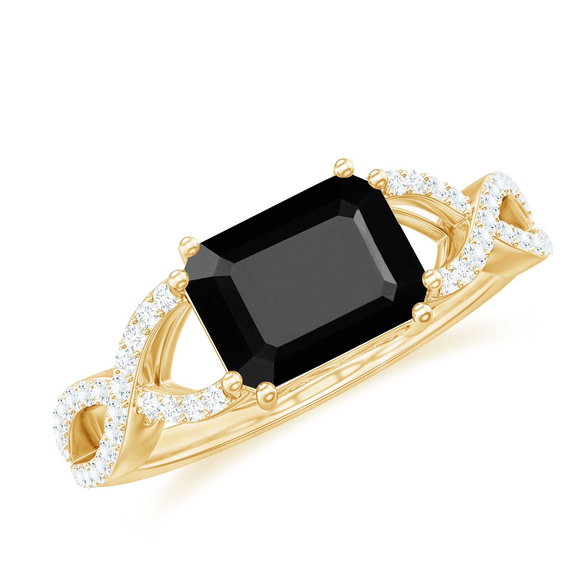 2 CT Octagon Black Onyx East-West Crossover Ring with Diamond Black Onyx - ( AAA ) - Quality - Rosec Jewels