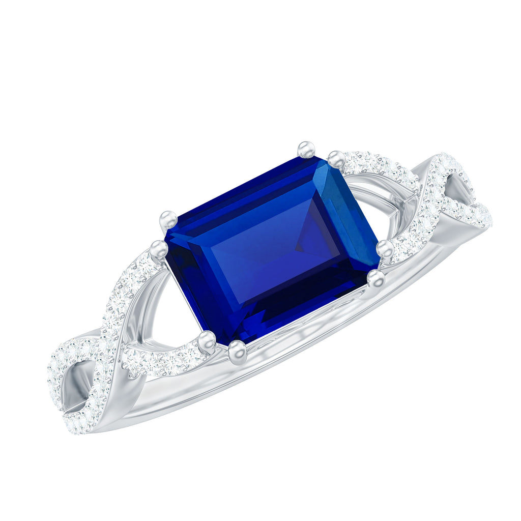 Octagon Created Blue Sapphire East-West Crossover Ring with Diamond Lab Created Blue Sapphire - ( AAAA ) - Quality - Rosec Jewels