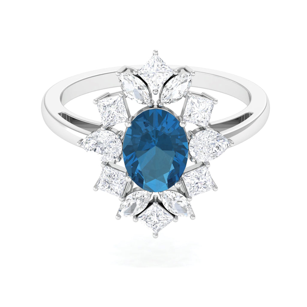 2.25 CT London Blue Topaz and Moissanite Flower Cocktail Ring London Blue Topaz - ( AAA ) - Quality - Rosec Jewels