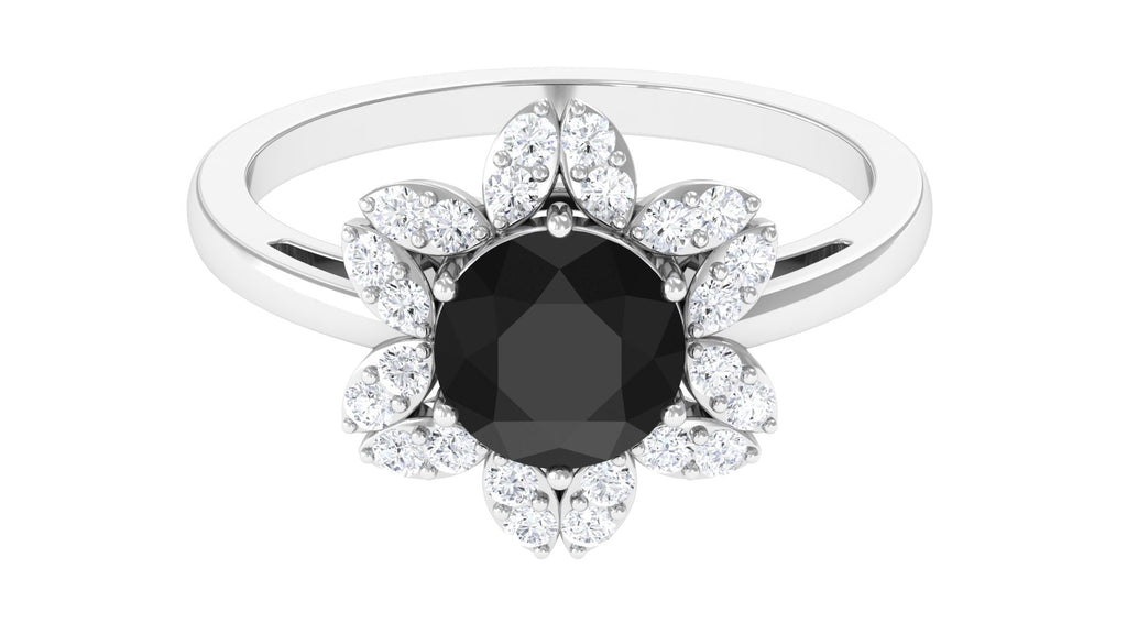 2.25 CT Created Black Diamond Flower Halo Ring with Diamond Lab Created Black Diamond - ( AAAA ) - Quality - Rosec Jewels
