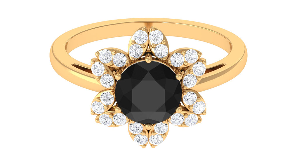 2.25 CT Created Black Diamond Flower Halo Ring with Diamond Lab Created Black Diamond - ( AAAA ) - Quality - Rosec Jewels