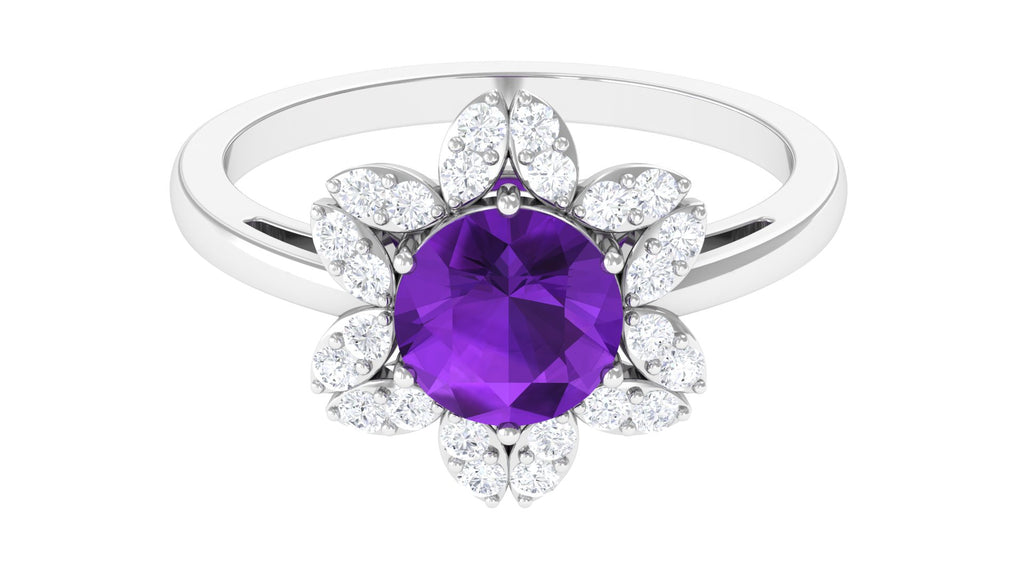 Round Amethyst Flower Engagement Ring with Diamond Amethyst - ( AAA ) - Quality - Rosec Jewels