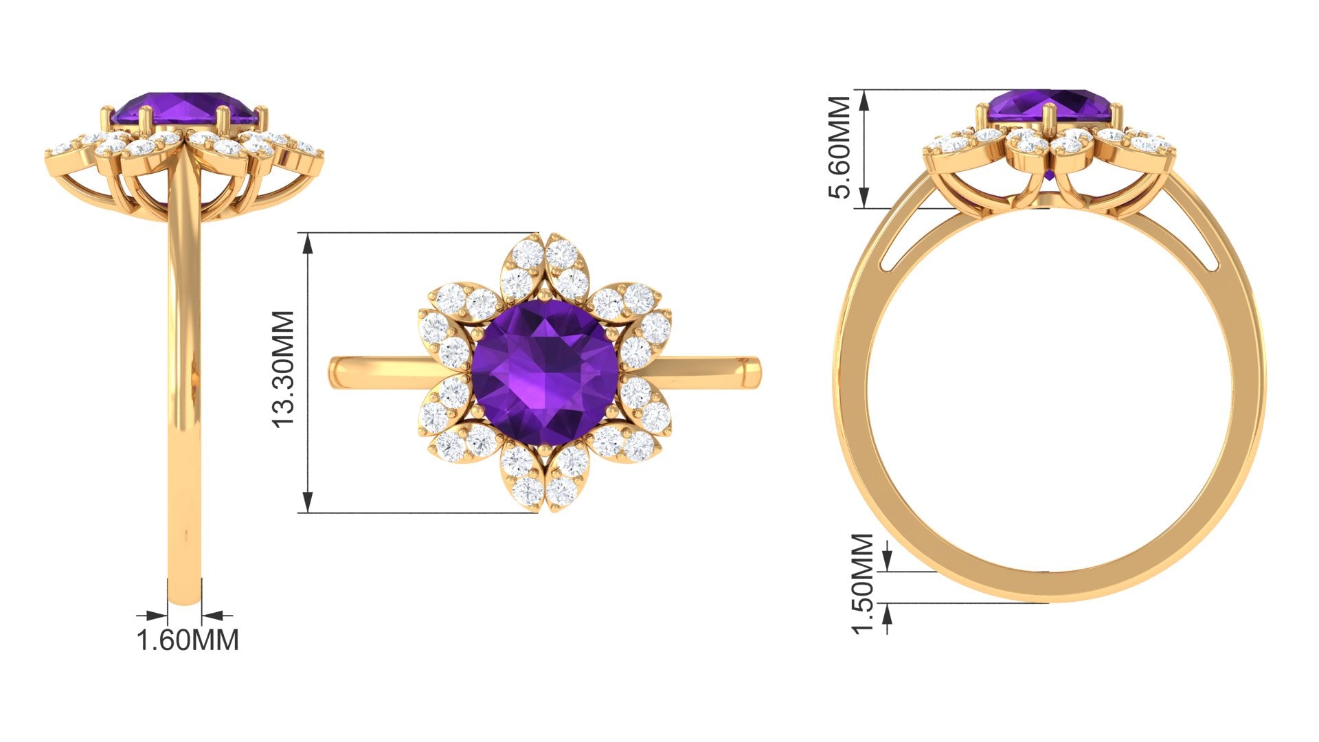 Round Amethyst Flower Engagement Ring with Diamond Amethyst - ( AAA ) - Quality - Rosec Jewels