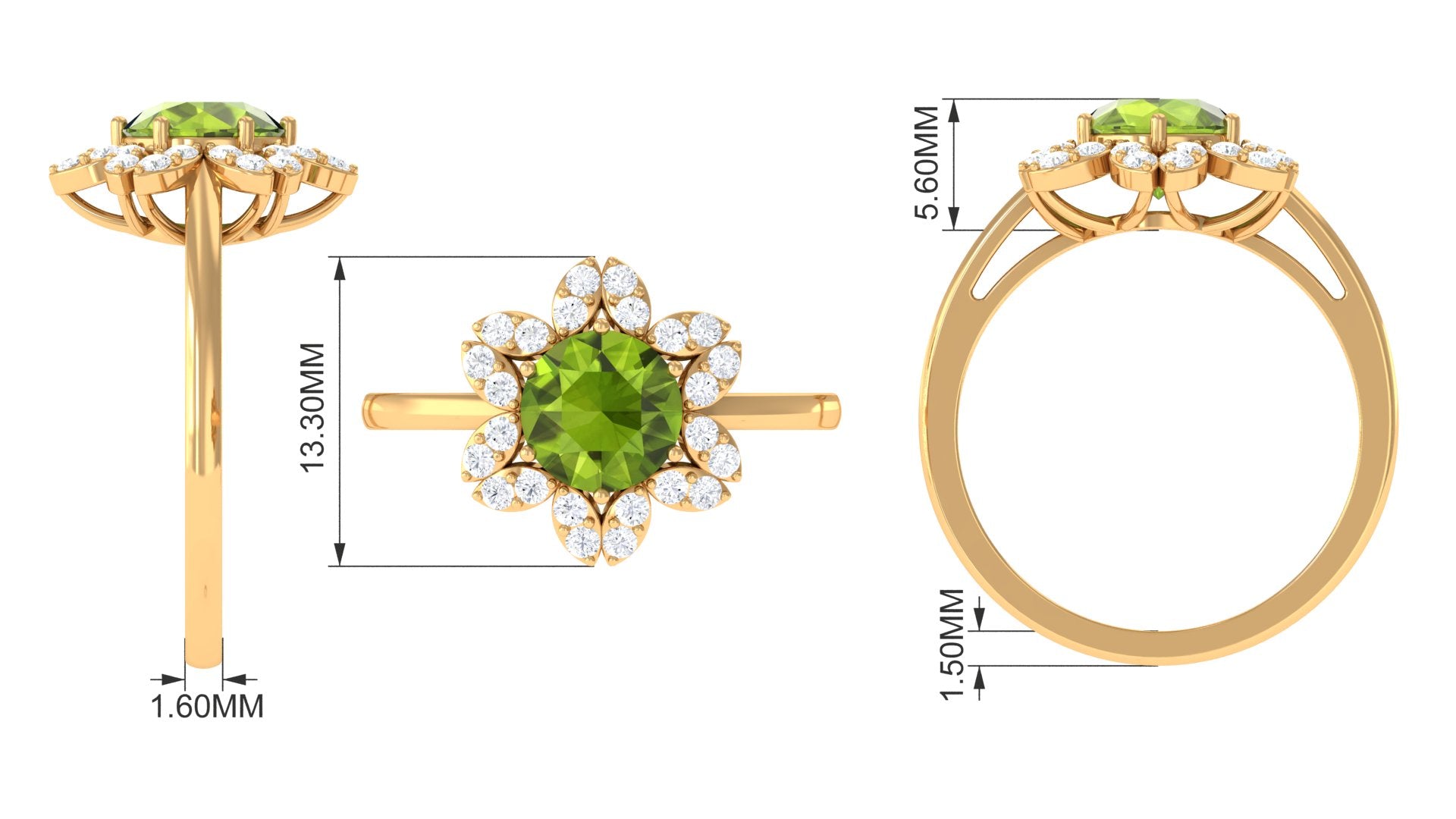 1.75 CT Real Peridot Flower Ring with Moissanite Halo Peridot - ( AAA ) - Quality - Rosec Jewels