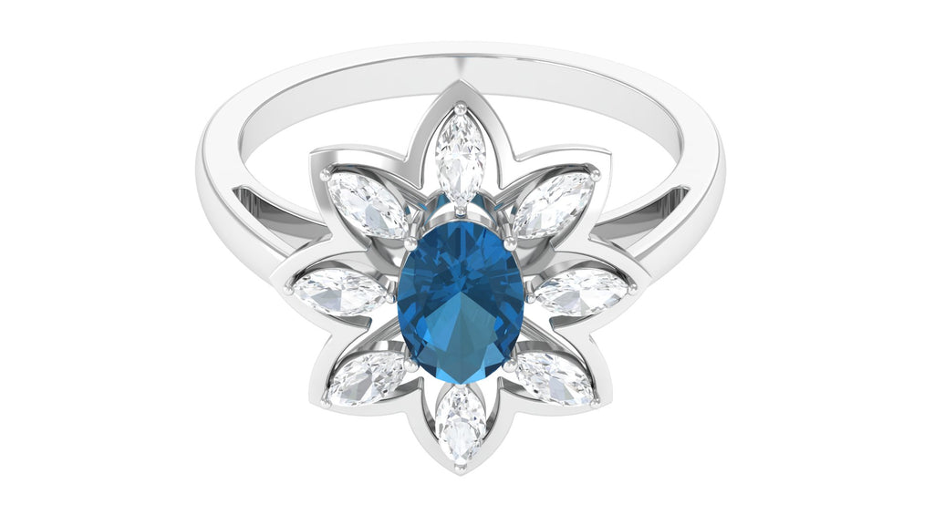 1.50 CT Oval London Blue Topaz and Moissanite Cocktail Flower Ring London Blue Topaz - ( AAA ) - Quality - Rosec Jewels