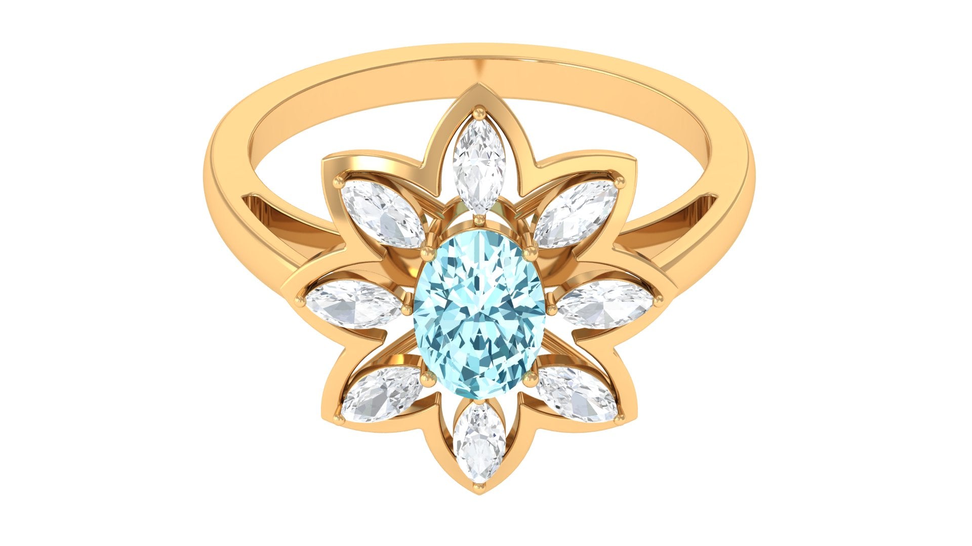 1.25 Ct Oval Aquamarine Flower Cocktail Ring with Moissanite Aquamarine - ( AAA ) - Quality - Rosec Jewels