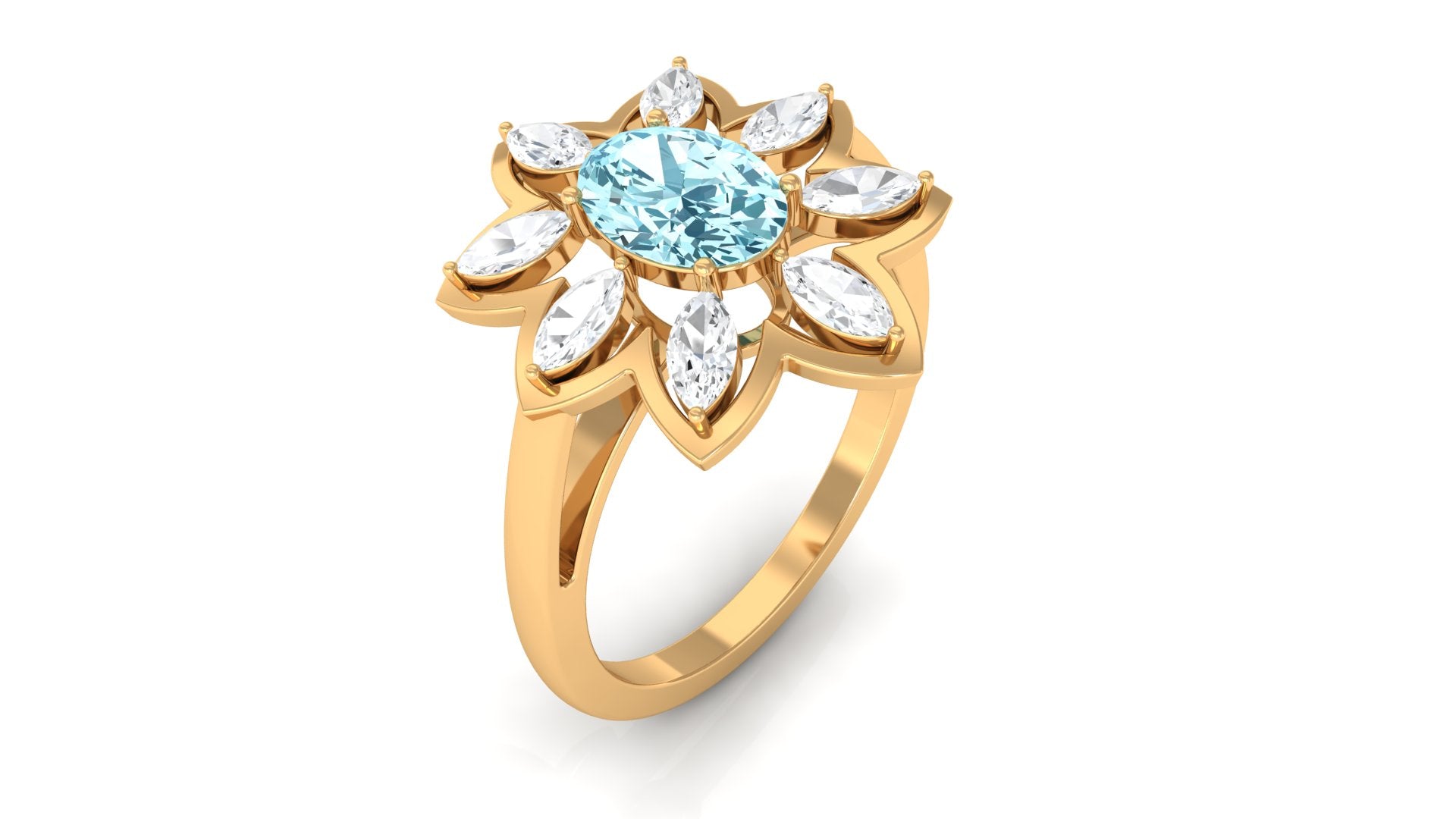 1.25 Ct Oval Aquamarine Flower Cocktail Ring with Moissanite Aquamarine - ( AAA ) - Quality - Rosec Jewels