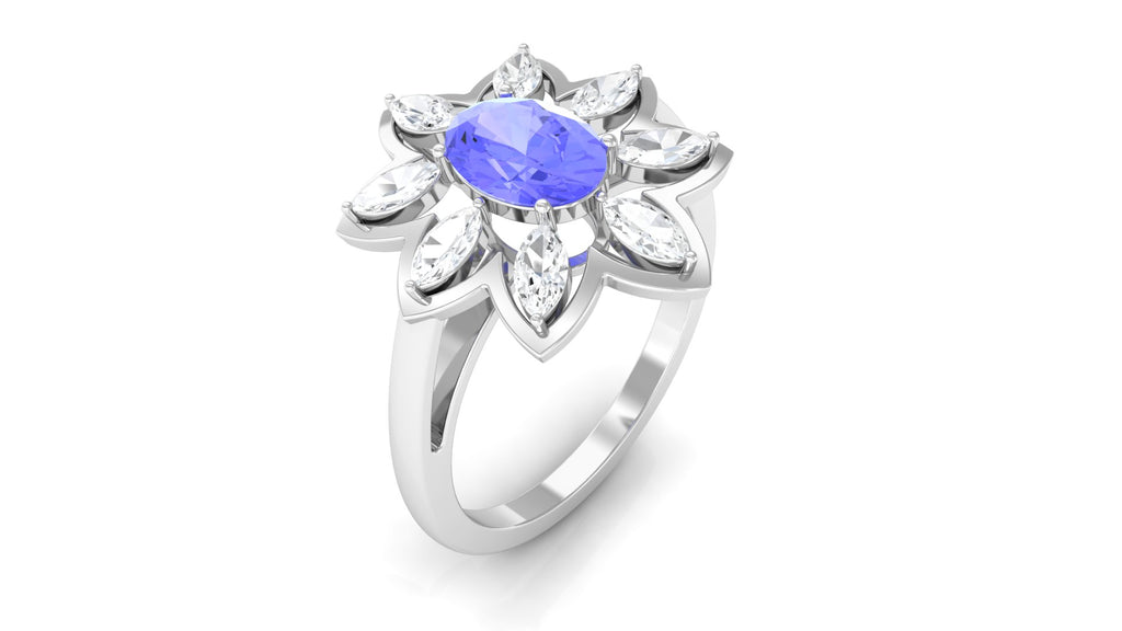 1.5 CT Oval Cut Tanzanite and Moissanite Flower Cocktail Ring Tanzanite - ( AAA ) - Quality - Rosec Jewels