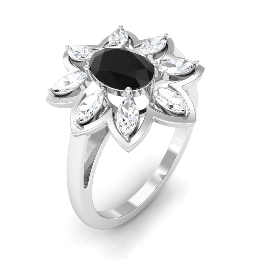 1.25 CT Oval Black Spinel and Moissanite Cocktail Flower Ring Black Spinel - ( AAA ) - Quality - Rosec Jewels