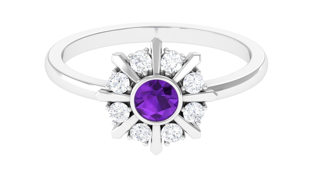 Bezel Set Amethyst Statement Ring with Diamond Amethyst - ( AAA ) - Quality - Rosec Jewels