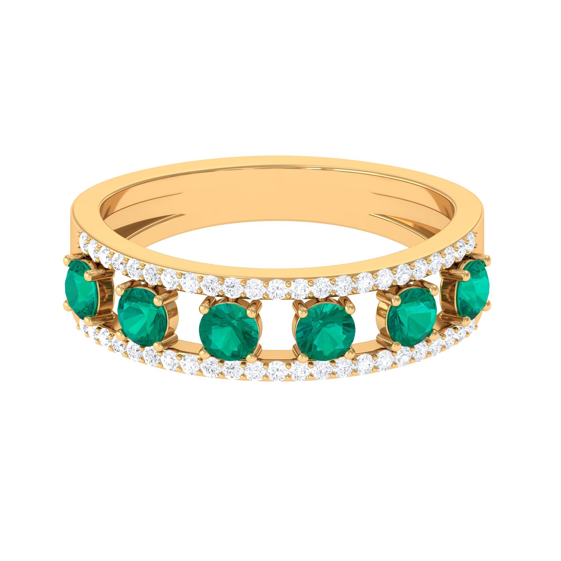 Wide Anniversary Ring with Emerald and Diamond Emerald - ( AAA ) - Quality - Rosec Jewels