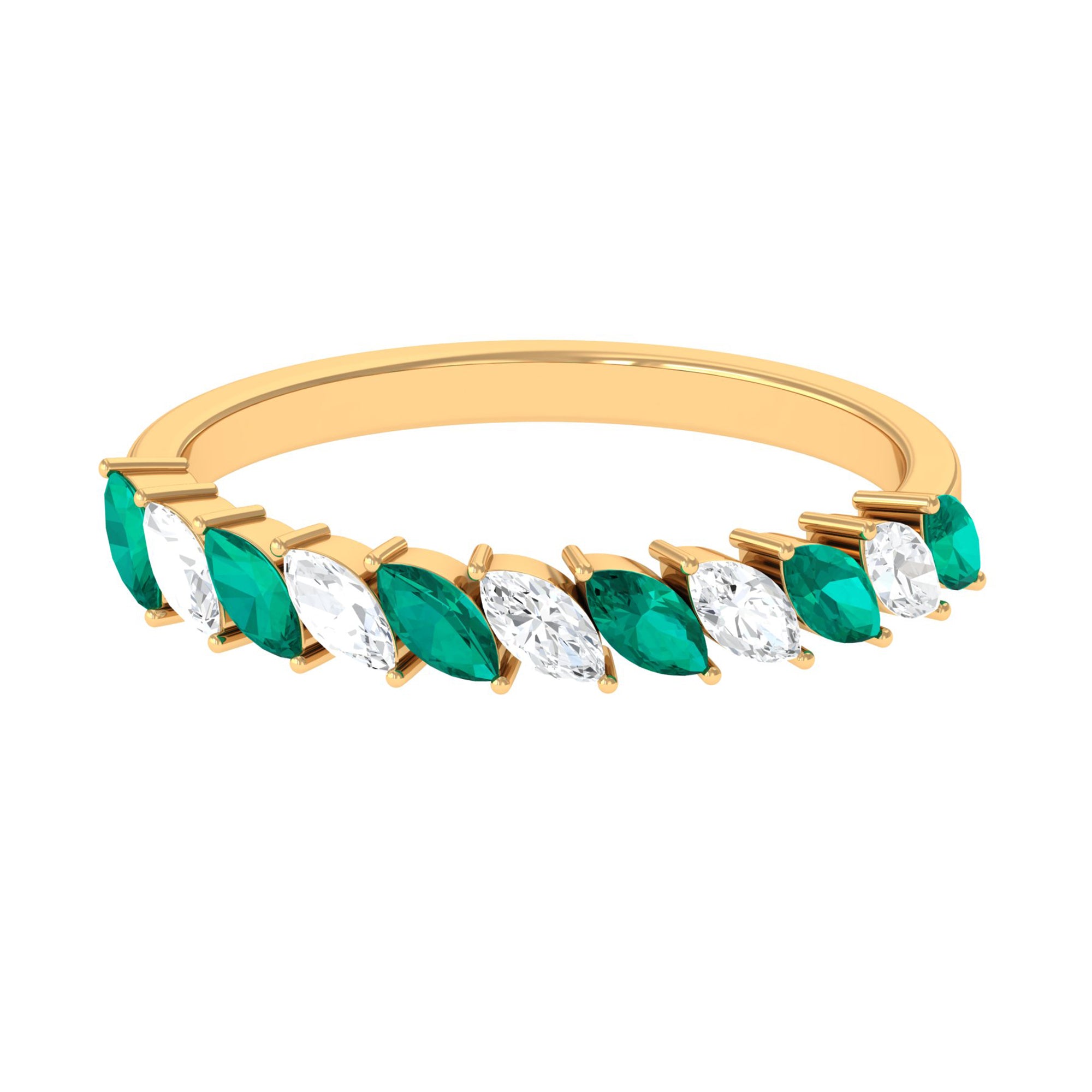 Marquise Emerald and Diamond Tilted Half Eternity Ring Emerald - ( AAA ) - Quality - Rosec Jewels