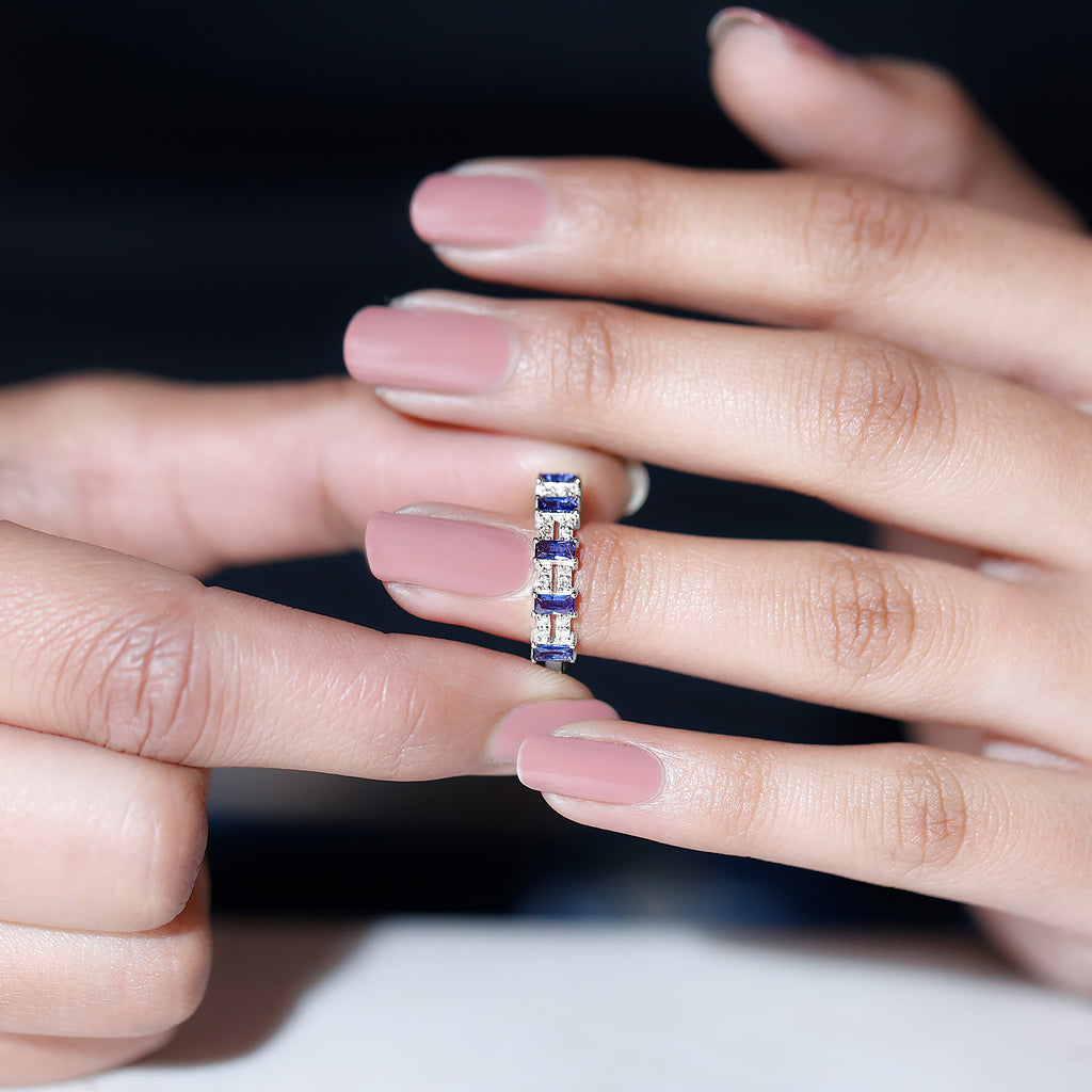 Created Blue Sapphire and Diamond Wide Half Eternity Band Lab Created Blue Sapphire - ( AAAA ) - Quality - Rosec Jewels