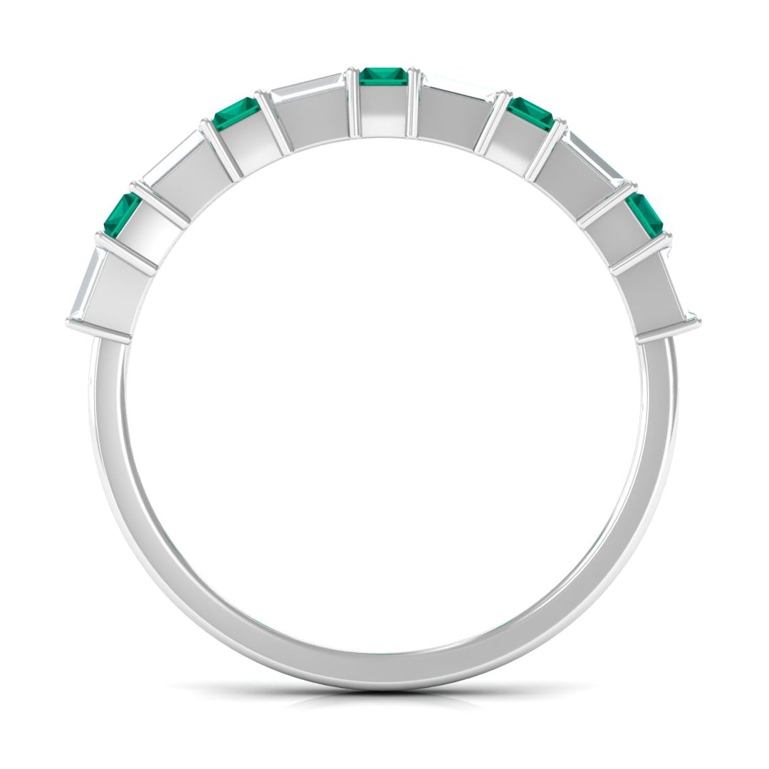 Contemporary Half Eternity Ring with Emerald and Moissanite Emerald - ( AAA ) - Quality - Rosec Jewels