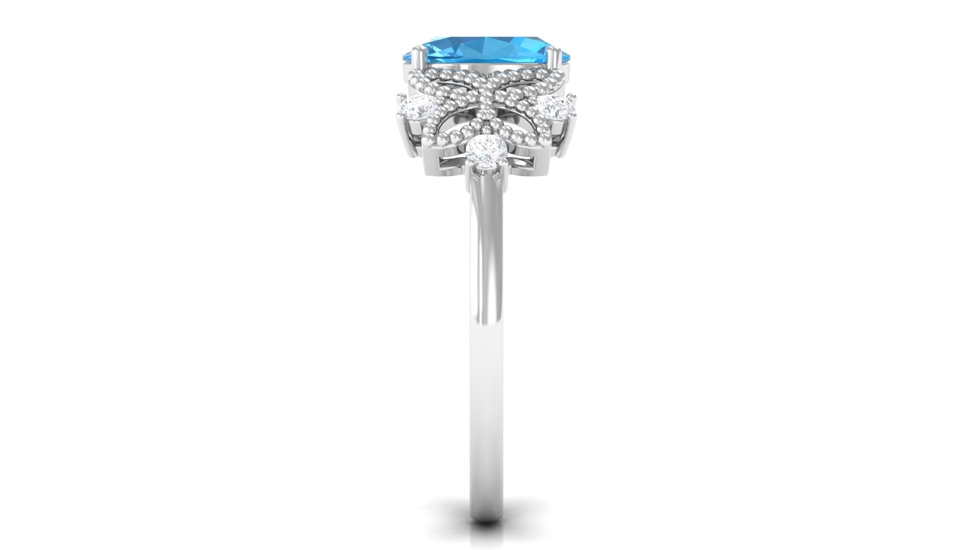 Oval Cut Swiss Blue Topaz Beaded Flower Engagement Ring with Diamond Swiss Blue Topaz - ( AAA ) - Quality - Rosec Jewels