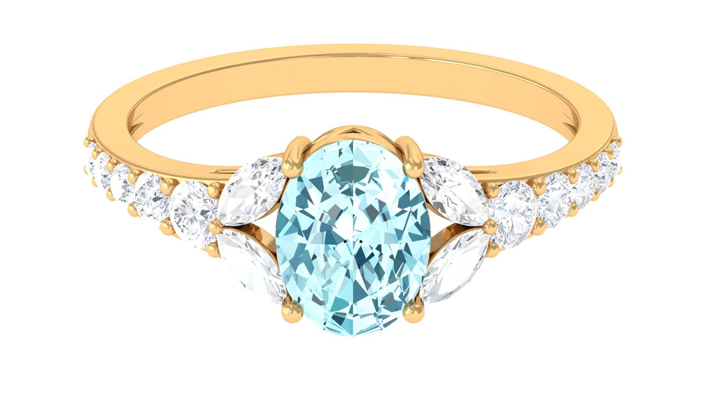 Split Shank Oval Aquamarine Solitaire Ring with Moissanite Aquamarine - ( AAA ) - Quality - Rosec Jewels