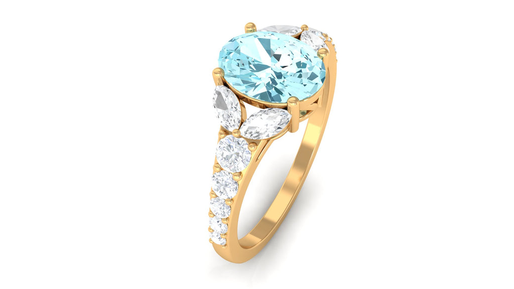 Split Shank Oval Aquamarine Solitaire Ring with Moissanite Aquamarine - ( AAA ) - Quality - Rosec Jewels
