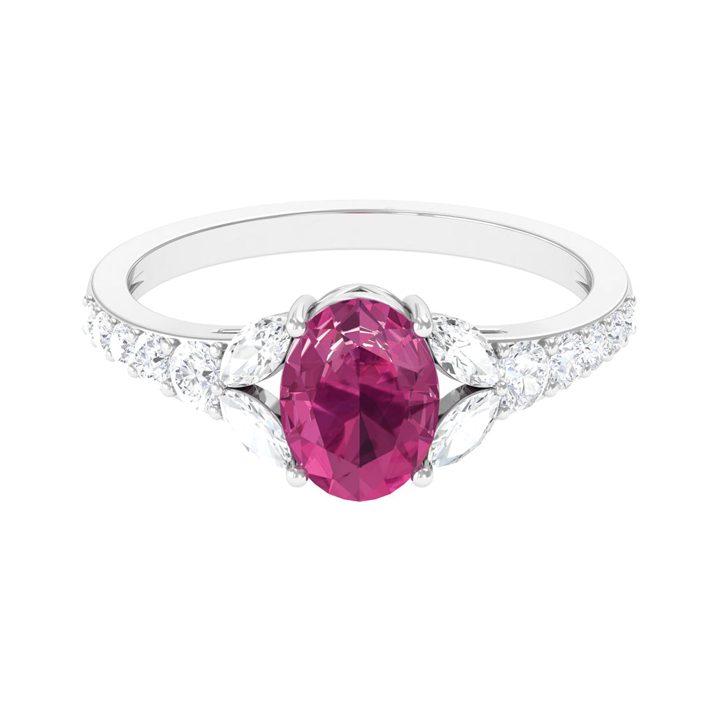 Split Shank Oval Pink Tourmaline Solitaire Engagement Ring with Moissanite Pink Tourmaline - ( AAA ) - Quality - Rosec Jewels