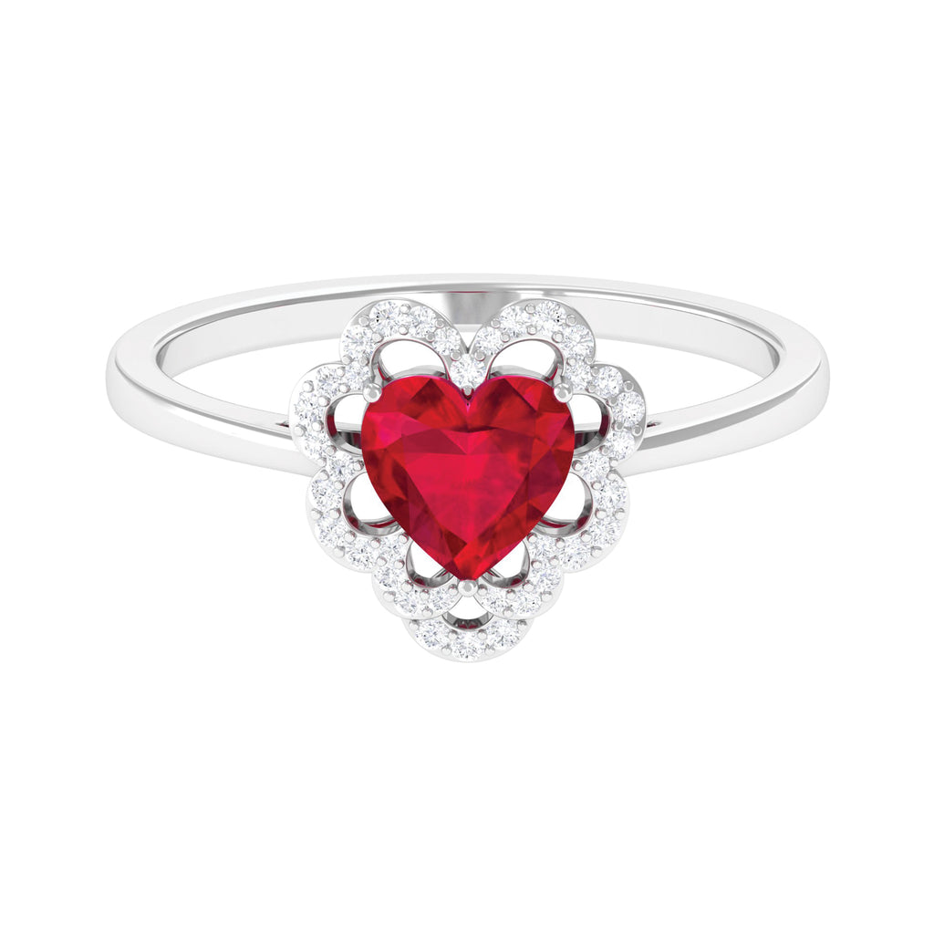 1 CT Lab Created Ruby Heart Engagement Ring with Diamond Accent Lab Created Ruby - ( AAAA ) - Quality - Rosec Jewels