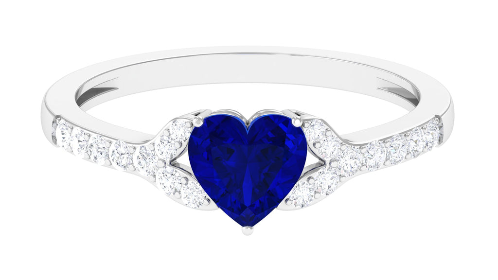 Heart Shape Lab Grown Blue Sapphire Ring with Diamond Lab Created Blue Sapphire - ( AAAA ) - Quality - Rosec Jewels