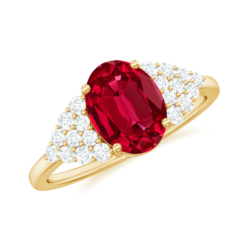 2 CT Oval Lab-Created Ruby Solitaire Ring with Diamond Accent Lab Created Ruby - ( AAAA ) - Quality - Rosec Jewels