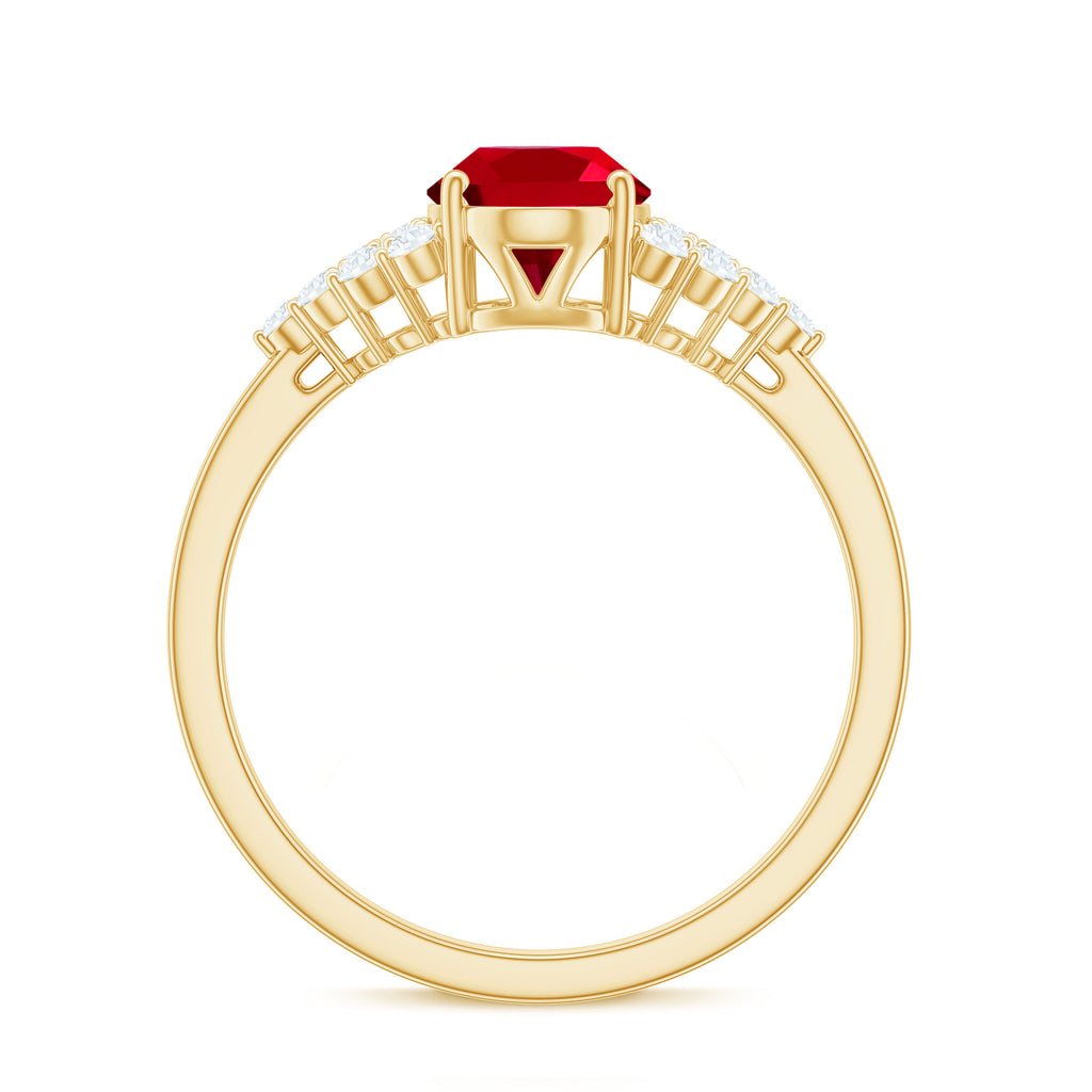 2 CT Oval Lab-Created Ruby Solitaire Ring with Diamond Accent Lab Created Ruby - ( AAAA ) - Quality - Rosec Jewels