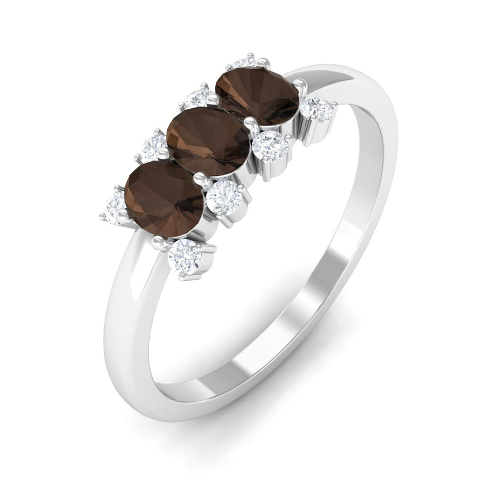 Natural Smoky Quartz Three Stone Ring with Diamond Smoky Quartz - ( AAA ) - Quality - Rosec Jewels