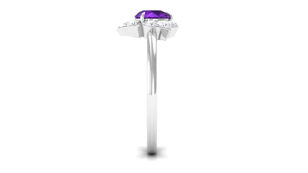 Genuine Amethyst Flower Engagement Ring with Diamond Amethyst - ( AAA ) - Quality - Rosec Jewels