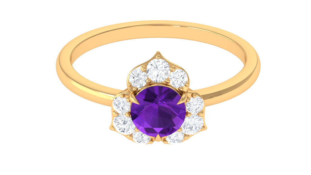 Genuine Amethyst Flower Engagement Ring with Diamond Amethyst - ( AAA ) - Quality - Rosec Jewels