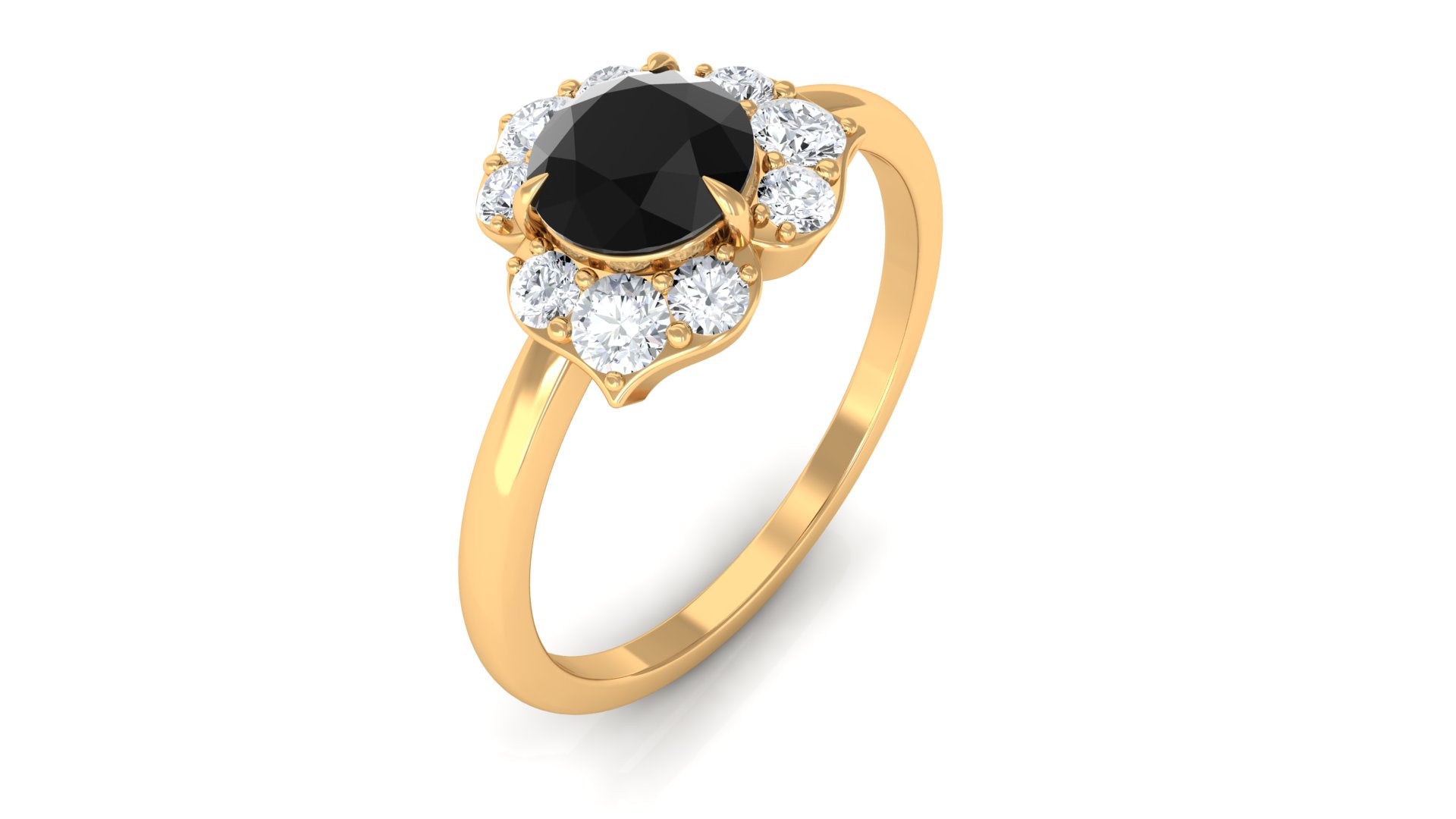 1 CT Black Spinel and Diamond Flower Engagement Ring Black Spinel - ( AAA ) - Quality - Rosec Jewels