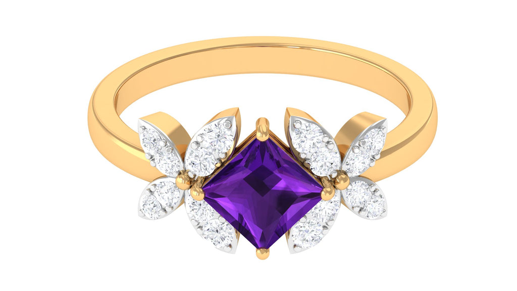 Princess Cut Amethyst Floral Engagement Ring with Diamond Amethyst - ( AAA ) - Quality - Rosec Jewels