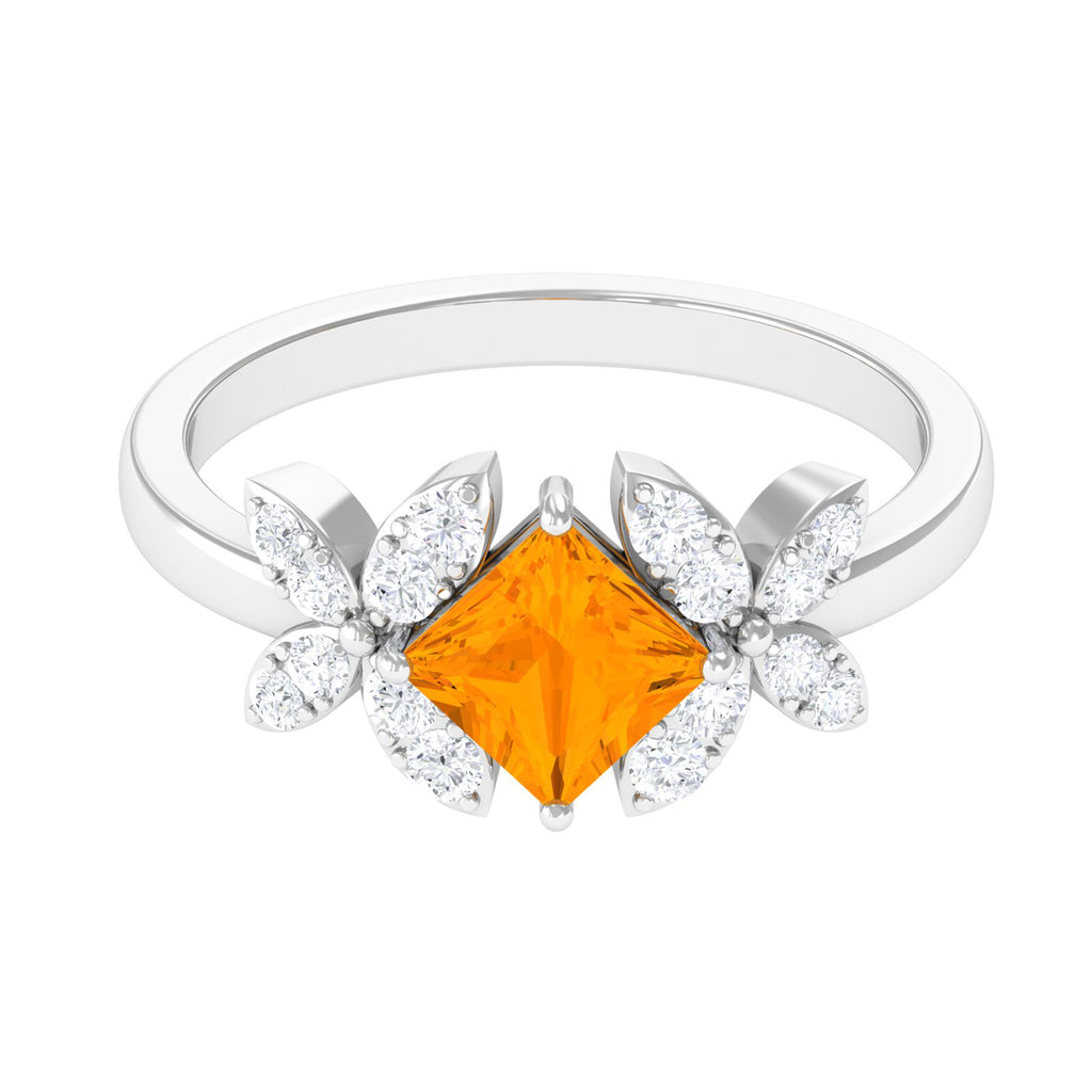 1.50 CT Princess Cut Fire Opal Flower Engagement Ring with Diamond Fire Opal - ( AAA ) - Quality - Rosec Jewels