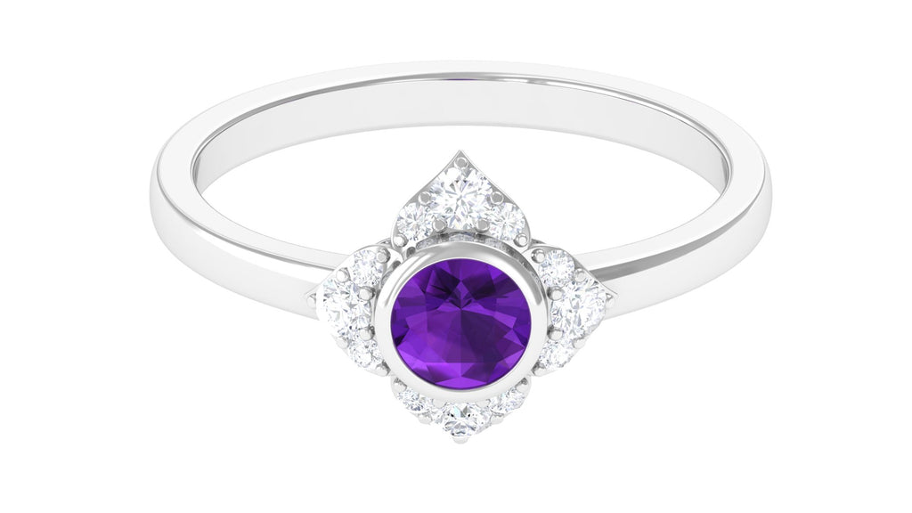 3/4 CT Bezel Set Amethyst Flower Engagement Ring with Diamond Amethyst - ( AAA ) - Quality - Rosec Jewels