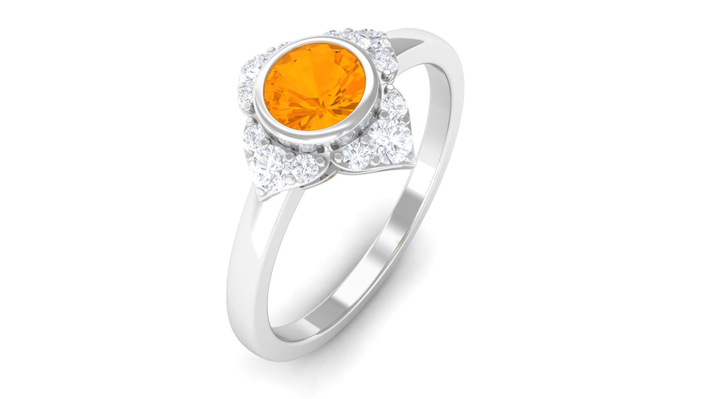 Bezel Set Orange Fire Opal Flower Engagement Ring with Diamond Fire Opal - ( AAA ) - Quality - Rosec Jewels