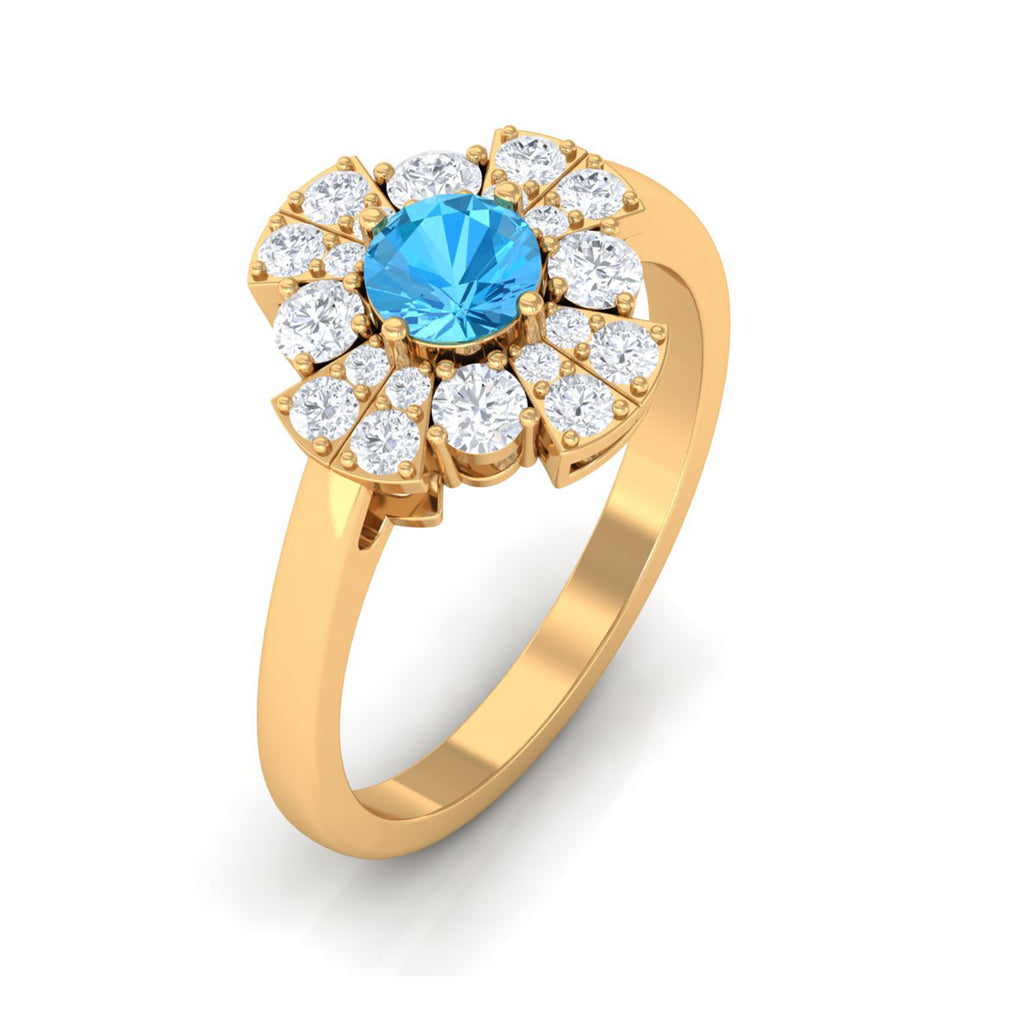 Swiss Blue Topaz Floral Engagement Ring with Moissanite Swiss Blue Topaz - ( AAA ) - Quality - Rosec Jewels