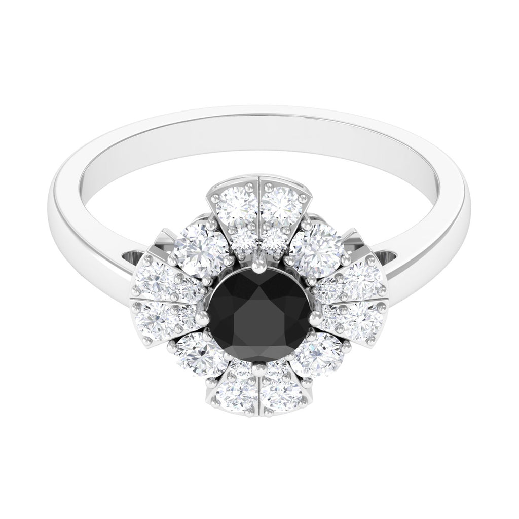 Black Spinel and Moissanite Flower Engagement Ring Black Spinel - ( AAA ) - Quality - Rosec Jewels