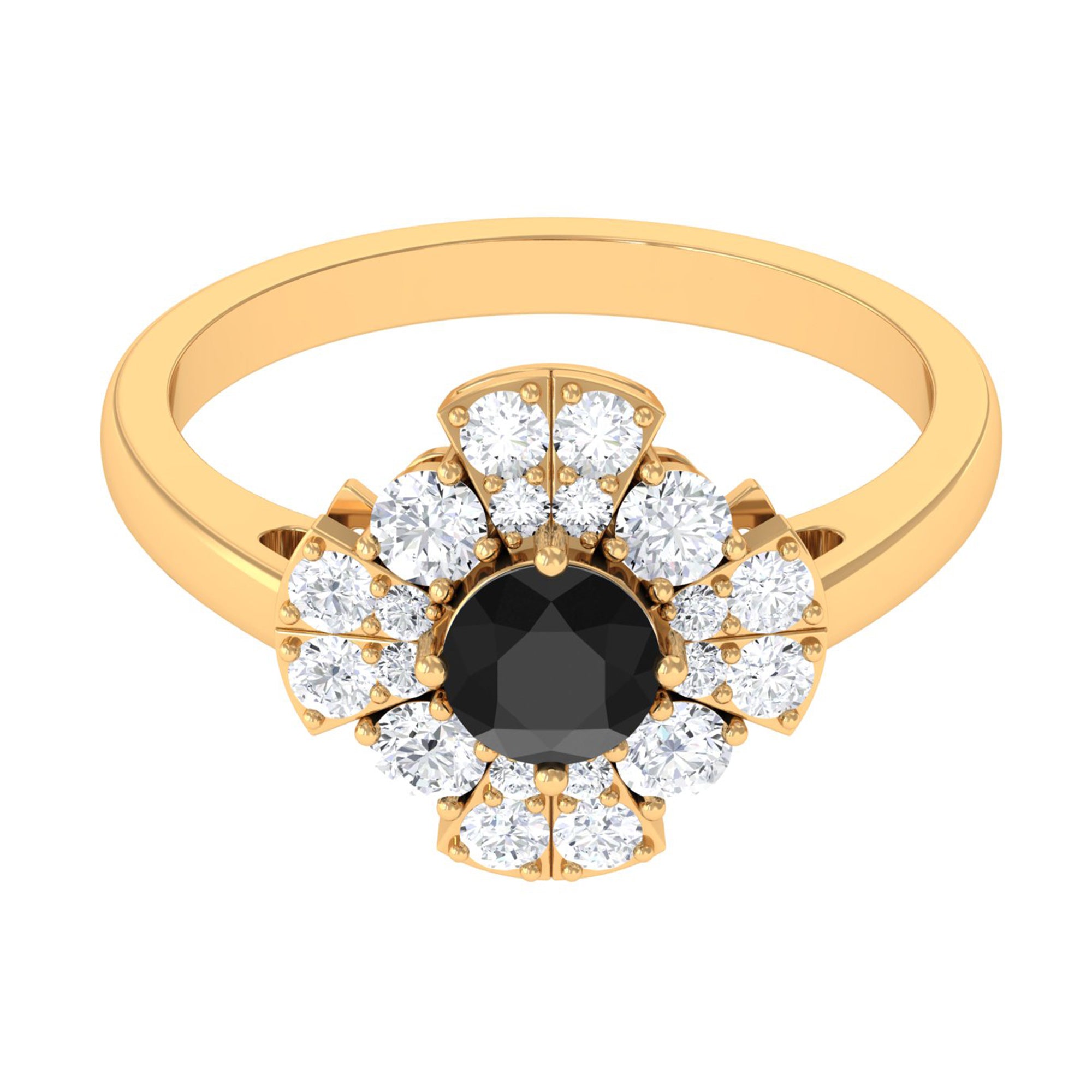 Black Spinel and Moissanite Flower Engagement Ring Black Spinel - ( AAA ) - Quality - Rosec Jewels